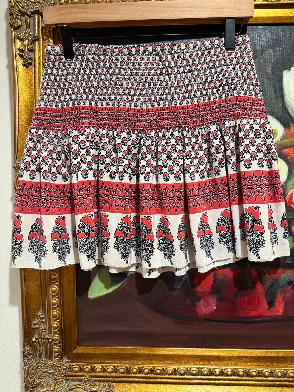 Ulla Johnson Red & White Printed Smocked Circle Skirt